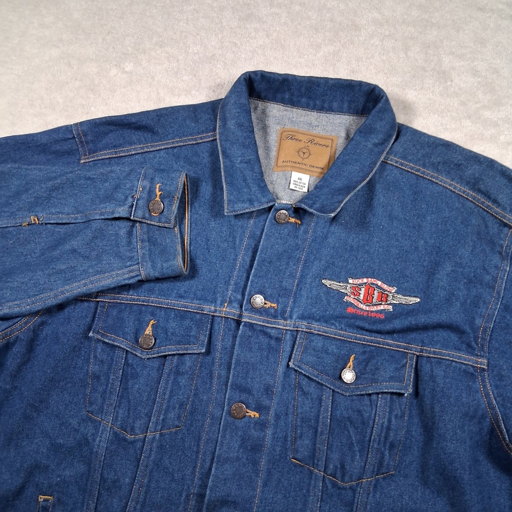 Three Rivers Denim Jacket Mens XXL Blue Suck Bang Blow Biker Trucker Embroidered